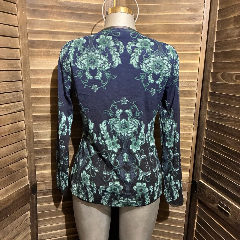 Axcess Floral V-Neck Long Sleeve Top Green/Blue Lace Trim Boho-Chic Size Large - Picture 5 of 9